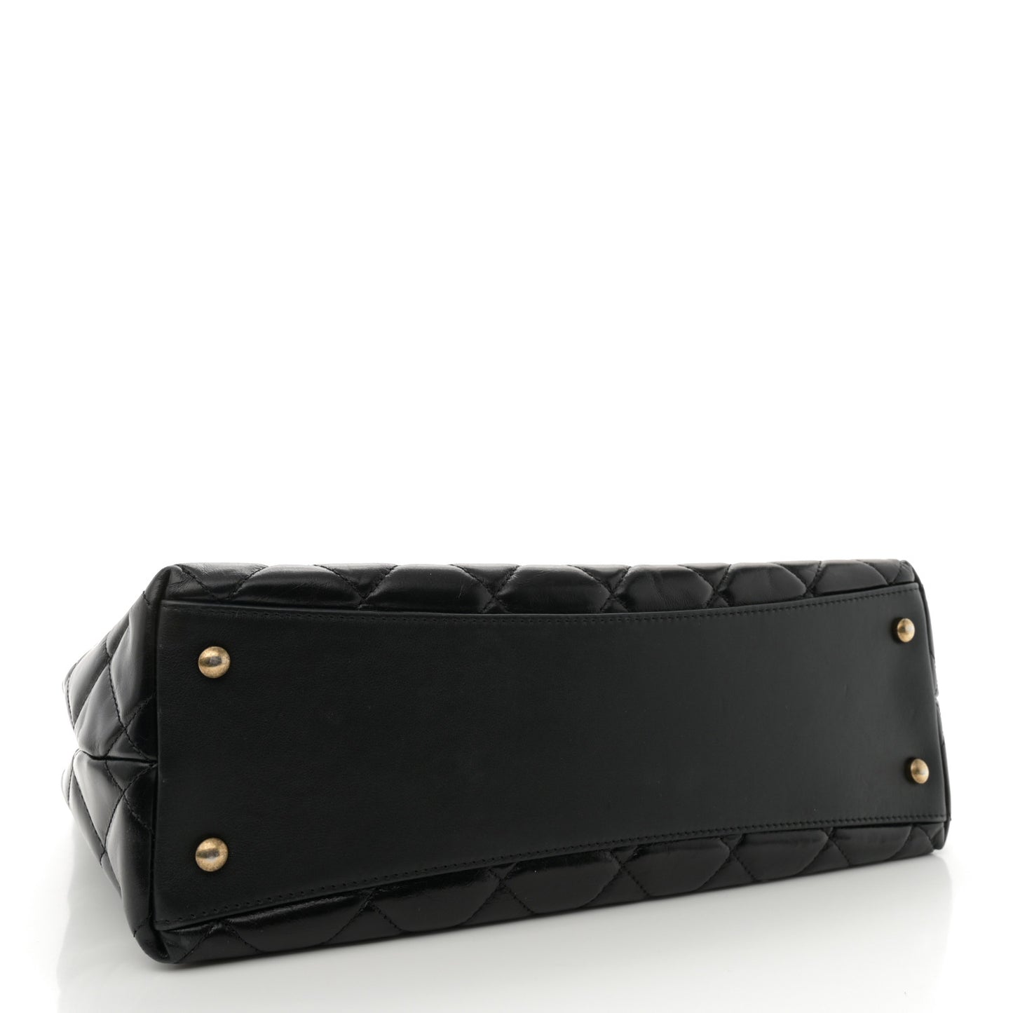 Glazed Calfskin Quilted Gold Bar Tote Black