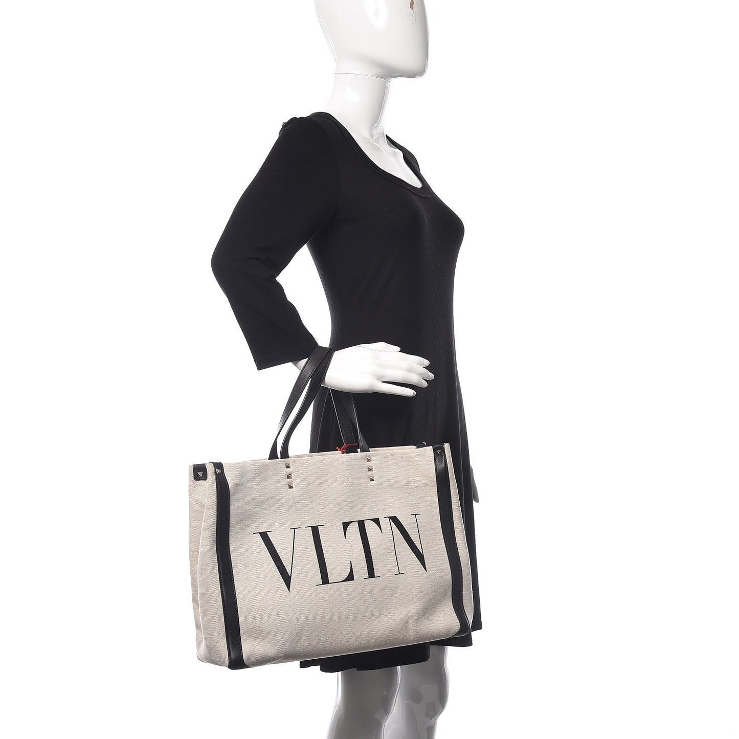 Canvas Calfskin VLTN Print Small Rockstud Tote Naturale Black