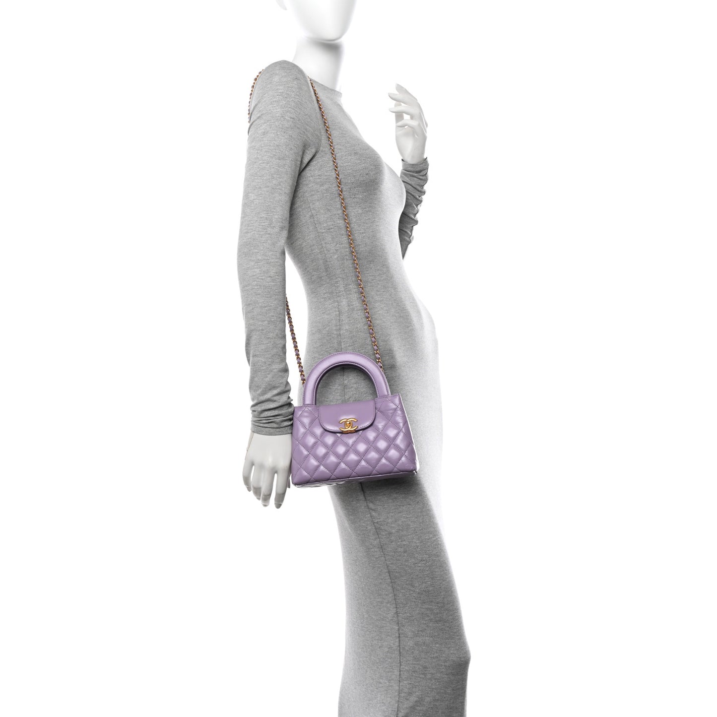 Shiny Aged Calfskin Quilted Nano Kelly Shopper Lilac