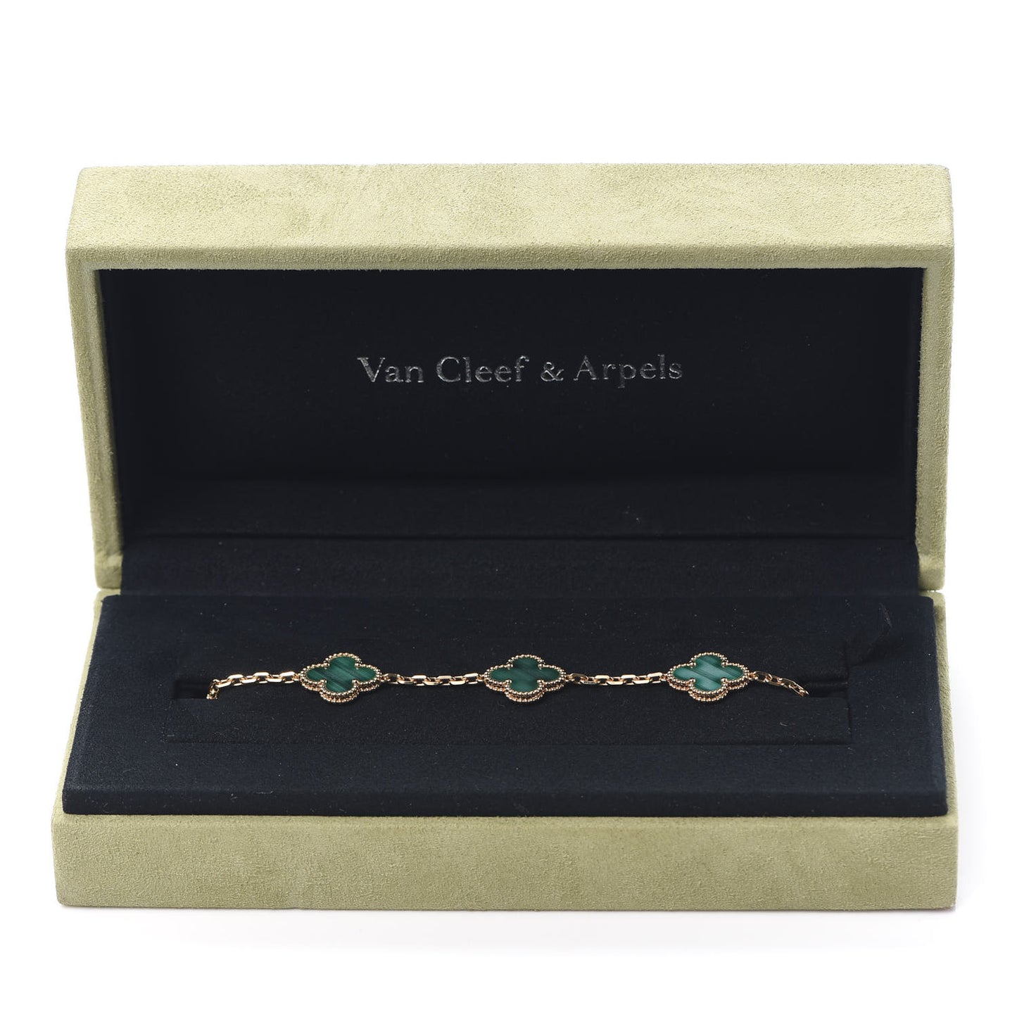 18K Yellow Gold Malachite 5 Motifs Vintage Alhambra Bracelet