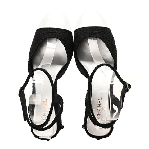 Tweed Iridescent Calfskin Cap Toe CC Slingback Pumps 39.5 Black Silver