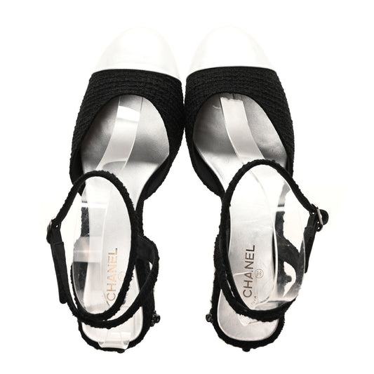 Tweed Iridescent Calfskin Cap Toe CC Slingback Pumps 39.5 Black Silver