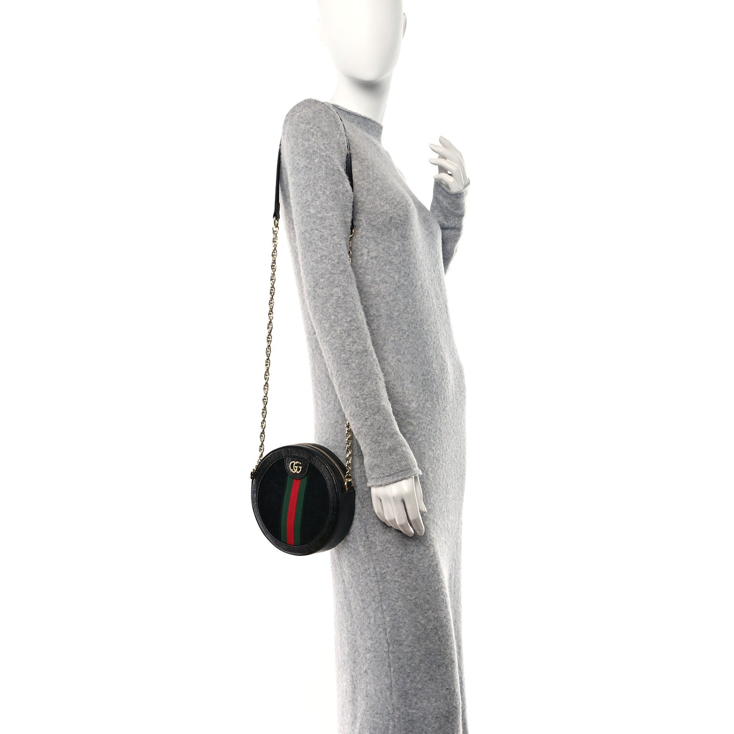 Suede Patent Web Mini Ophidia Round Shoulder Bag Black