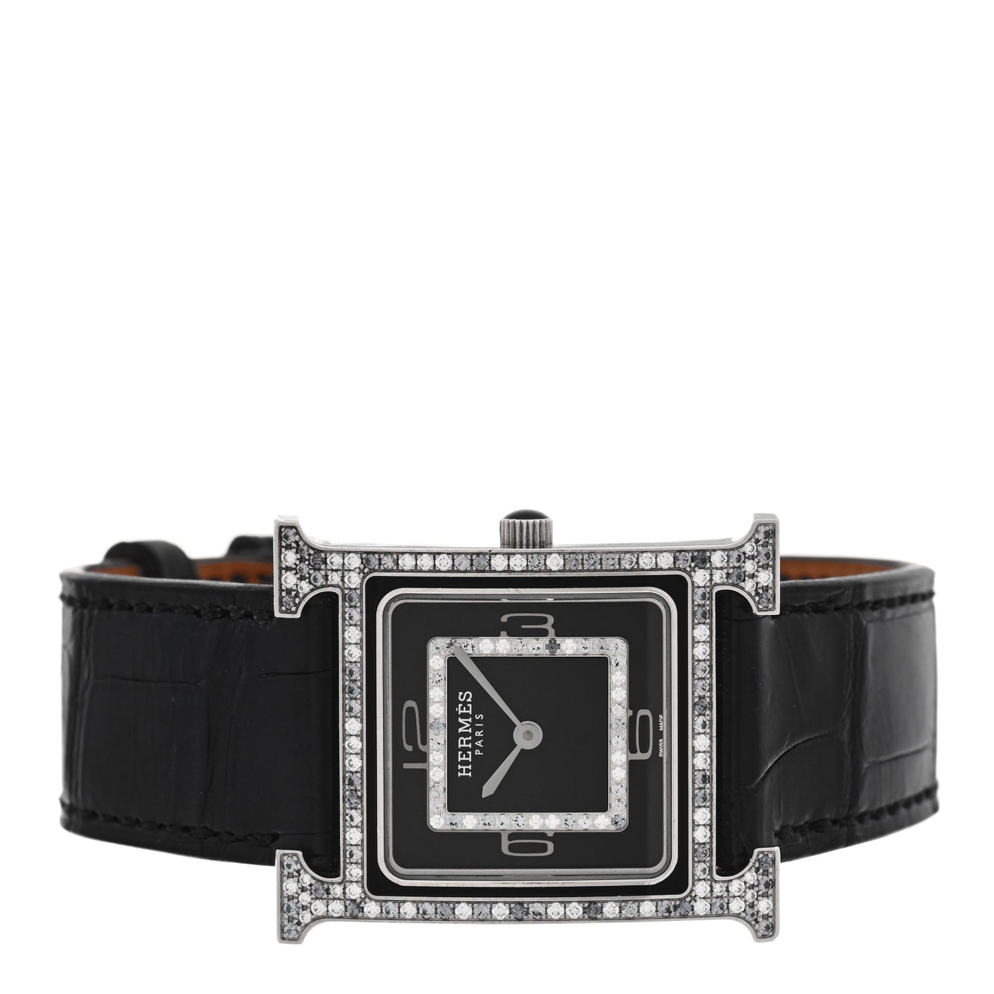18K White Gold Alligator Diamond Grey Sapphire 26mm Heure H Hour Quartz Watch Noir