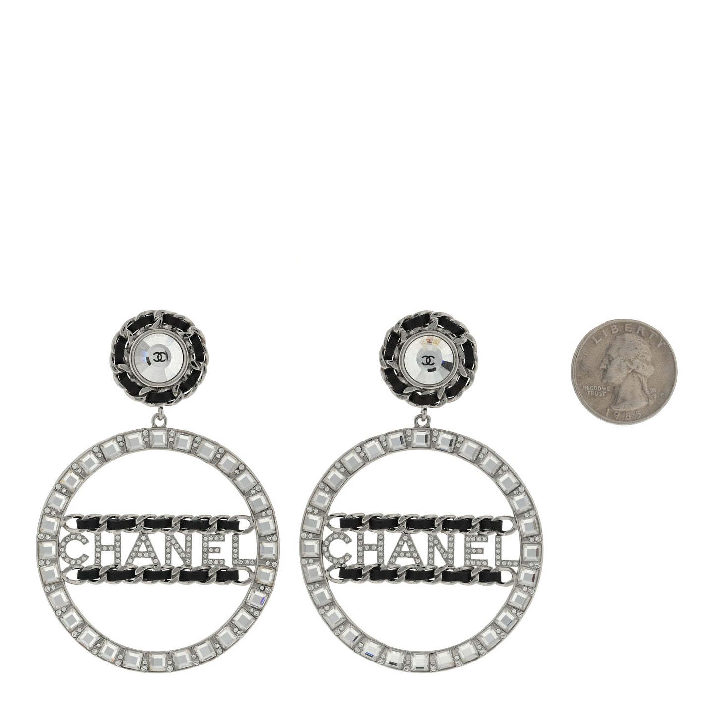 Crystal Lambskin Chain CC Hoop Clip On Earrings Black Silver