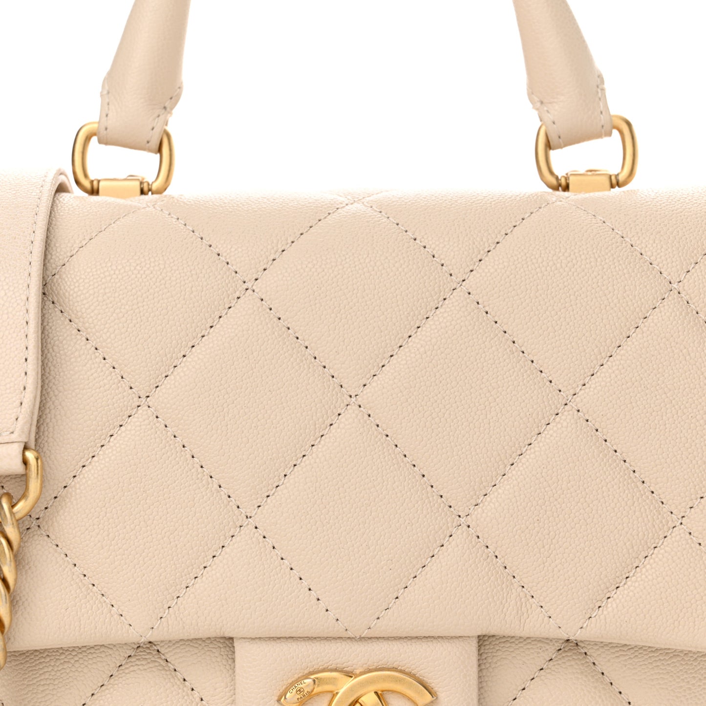 Shiny Caviar Quilted Mini Top Handle Flap Ecru