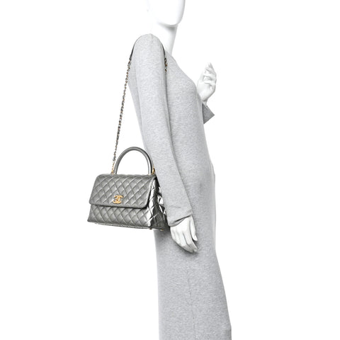Metallic Caviar Quilted Small Coco Handle Flap Silver