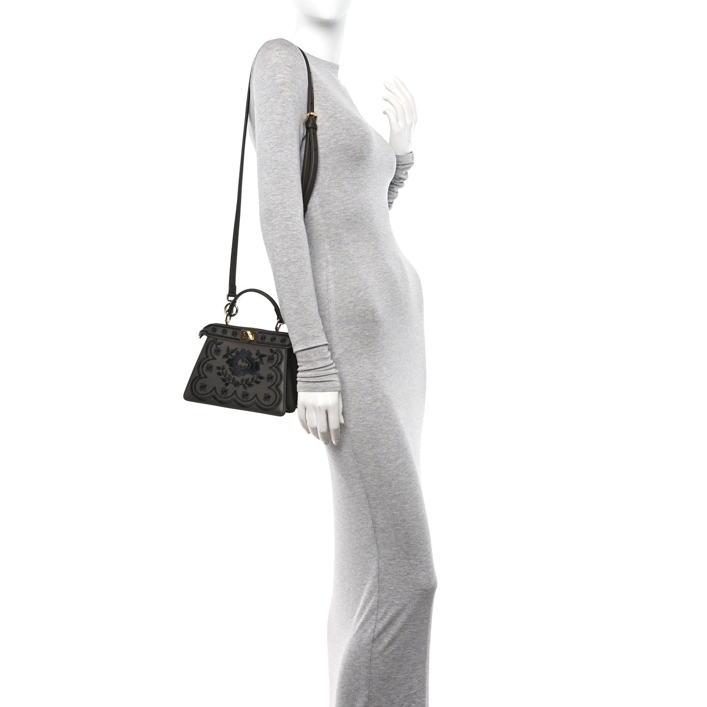 Vitello Seta Shiny Nappa Floral Embroidered Petite Peekaboo I SEE U Satchel Carbone Black