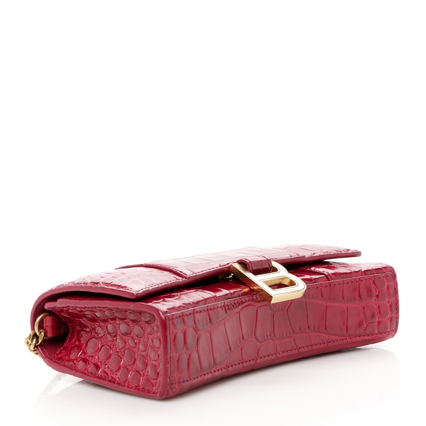 Shiny Calfskin Crocodile Embossed Hourglass Chain Bag Dark Red