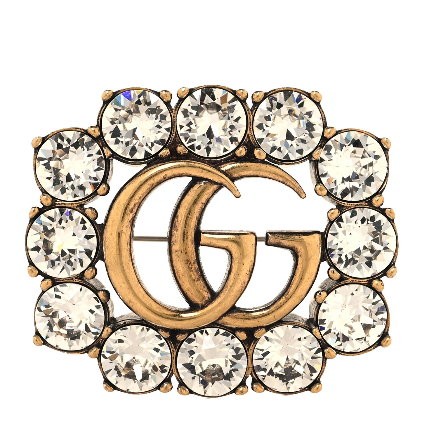 Metal Crystal Double G Brooch Aged Gold