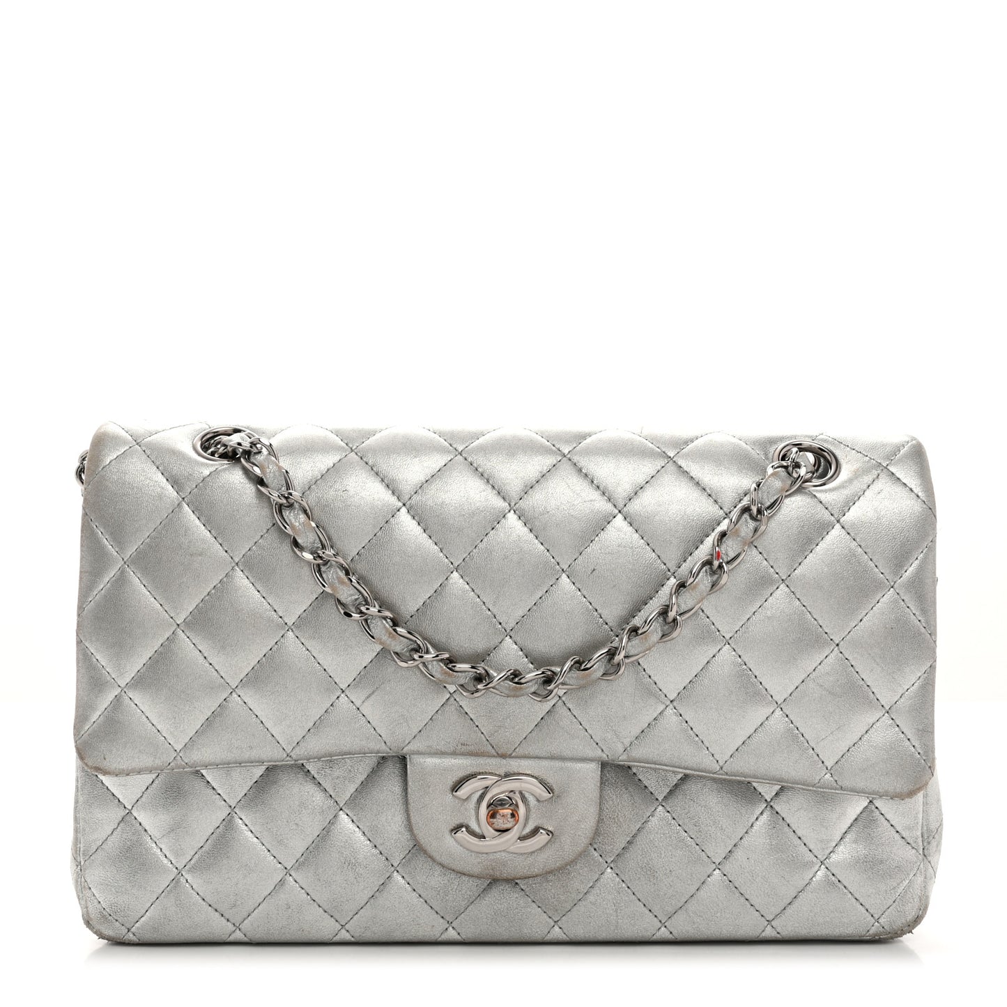 Metallic Lambskin Quilted Medium Double Flap Silver