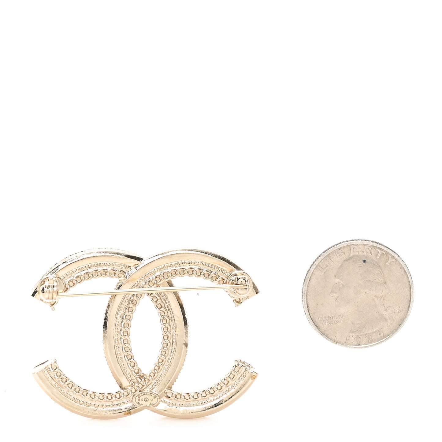 Metal Crystal Graduated Pearl CC Brooch Gold