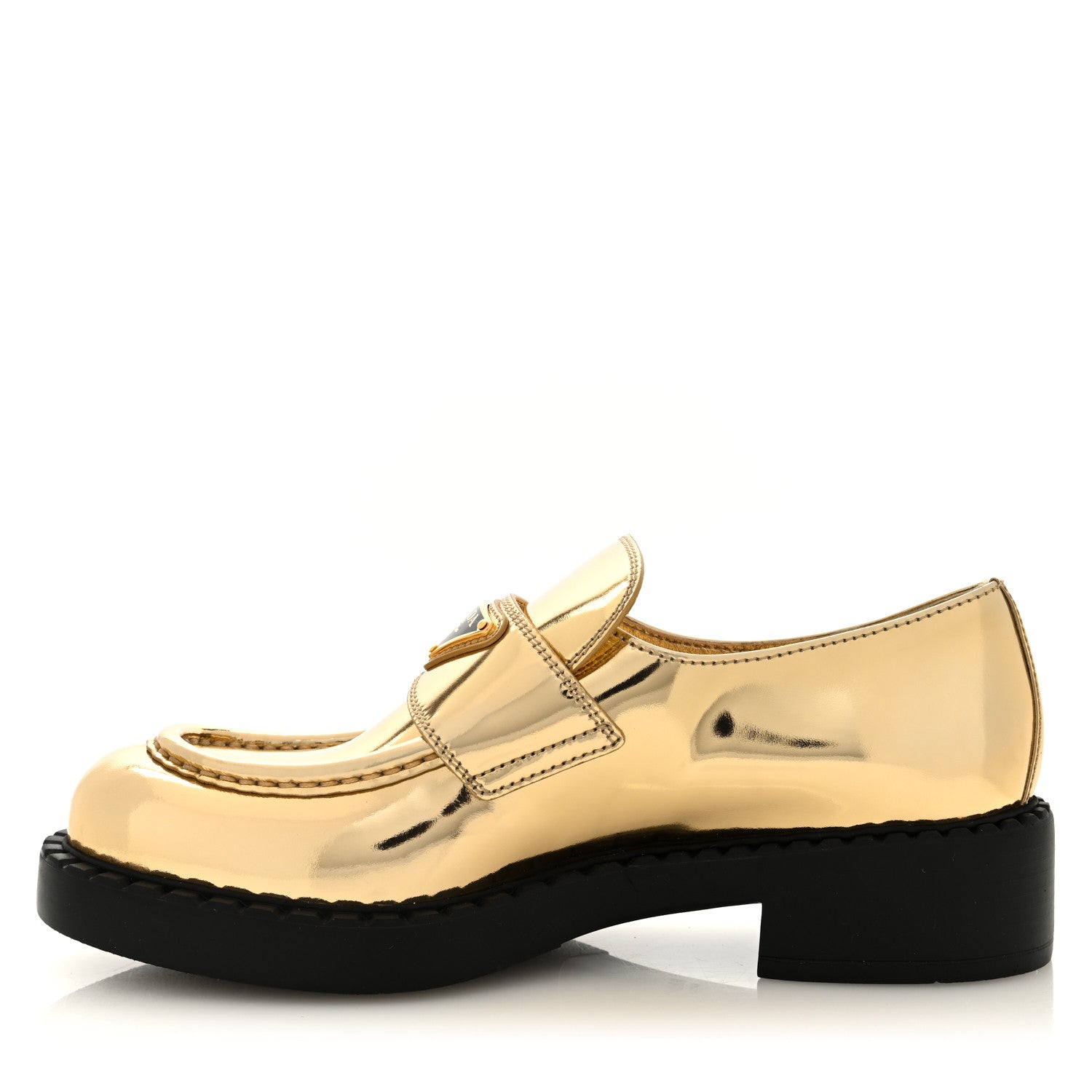 Prada Metallic Brushed Calfskin Metal Triangle Logo 50mm Loafers 38 Platino 1 of 8