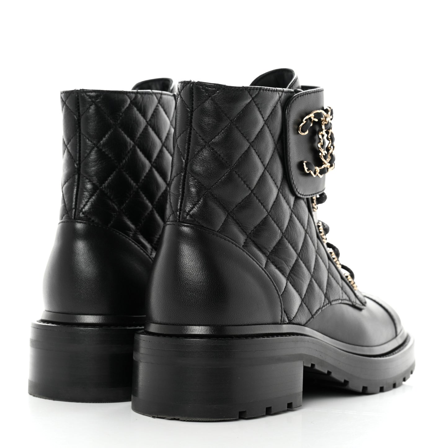 Shiny Calfskin Quilted Lace Up Combat Boots 36.5 Black