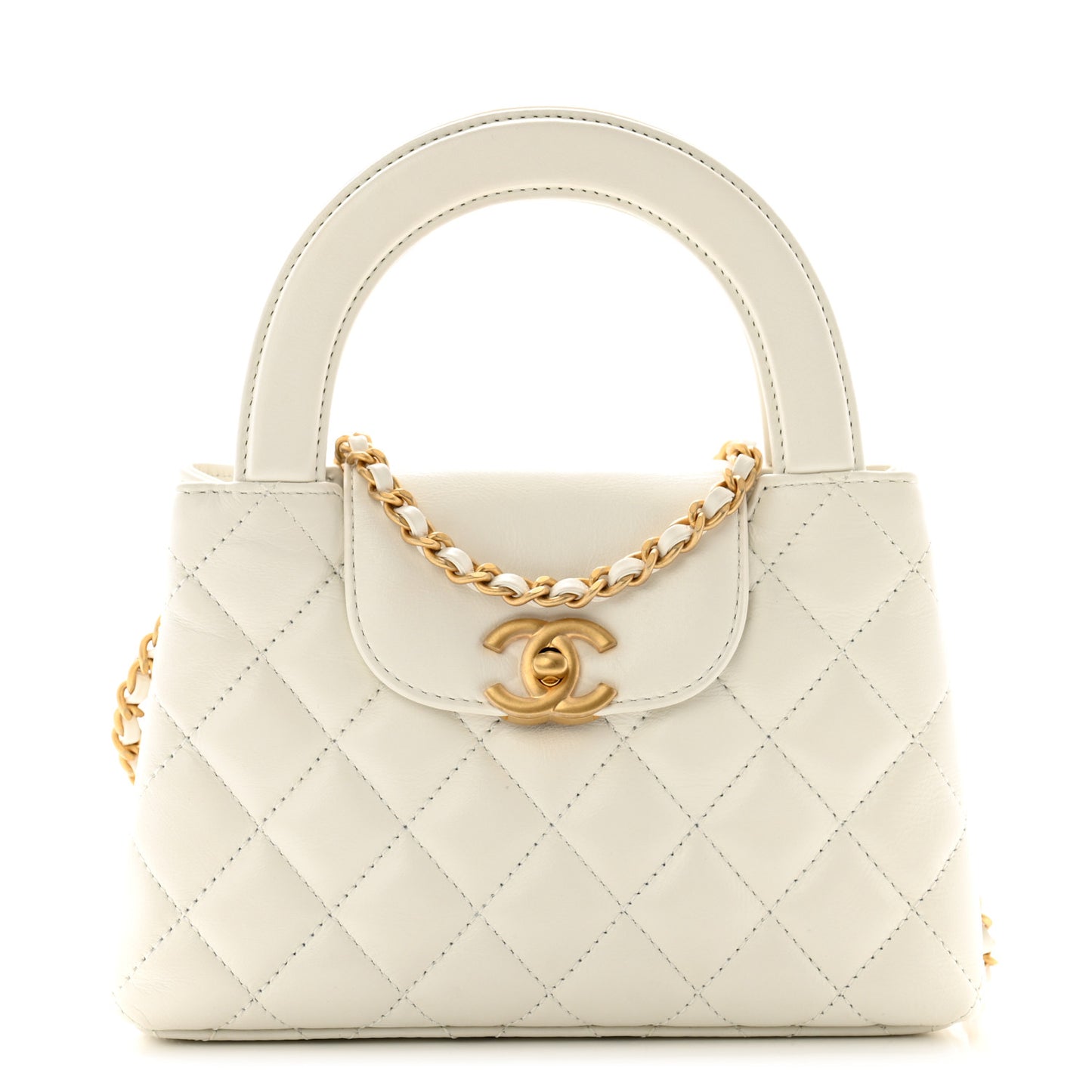Shiny Aged Calfskin Quilted Nano Kelly Shopper White