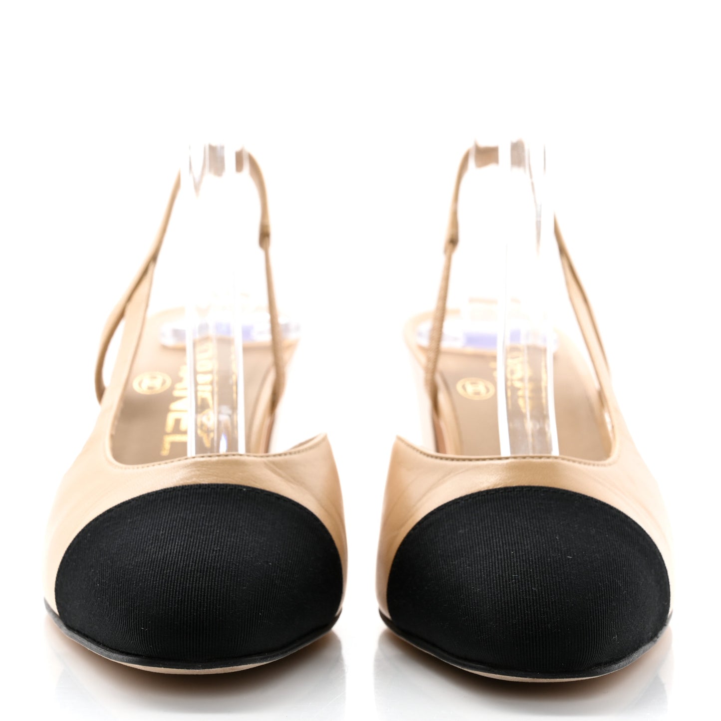 Goatskin Grosgrain Cap Toe CC Slingback Pumps 35 Beige Black