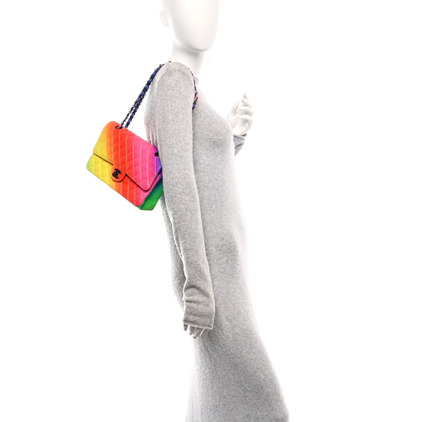 Calfskin Quilted Medium Rainbow Double Flap Multicolor