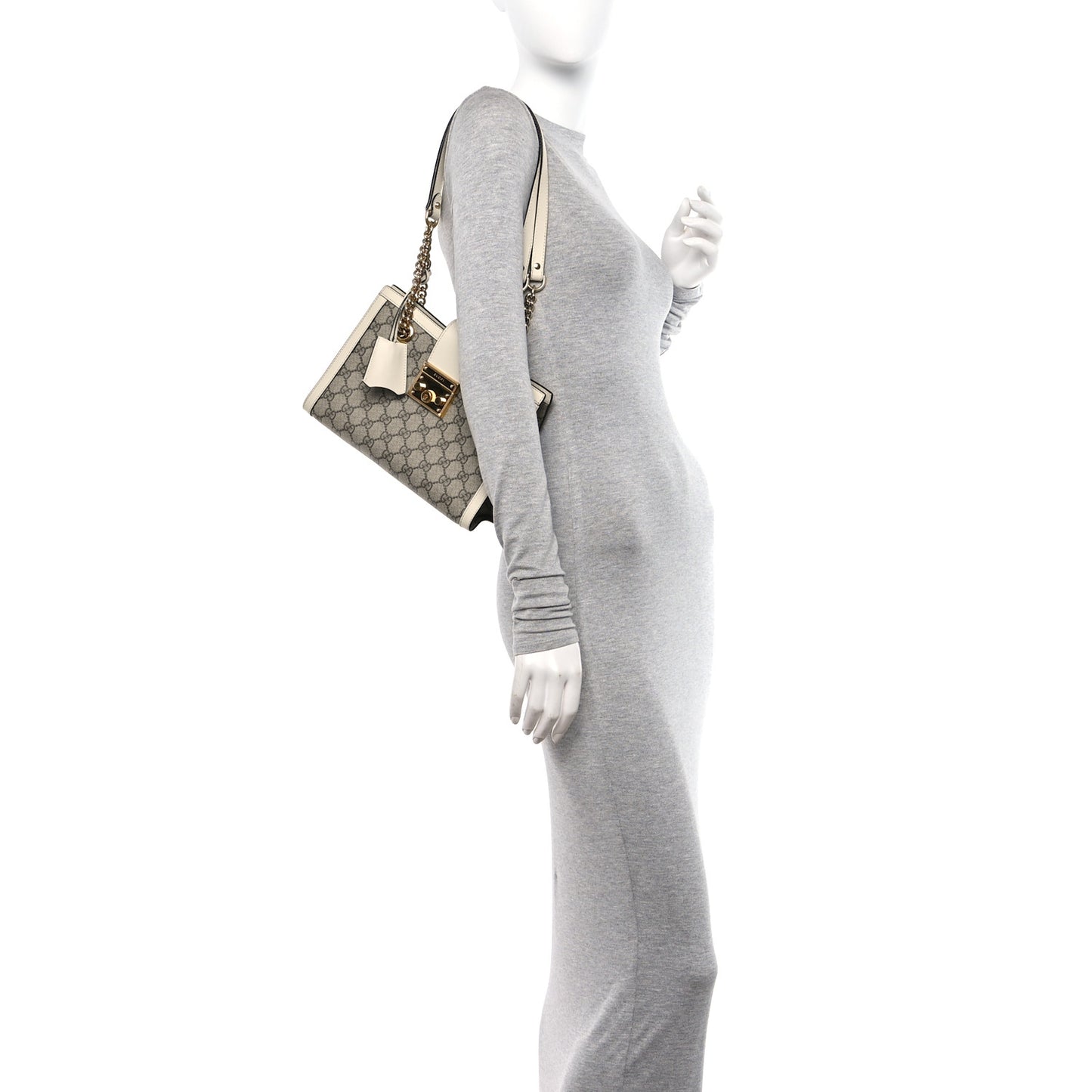 GG Supreme Monogram Moon Calfskin Small Padlock Tote Beige Ebony Mystic White