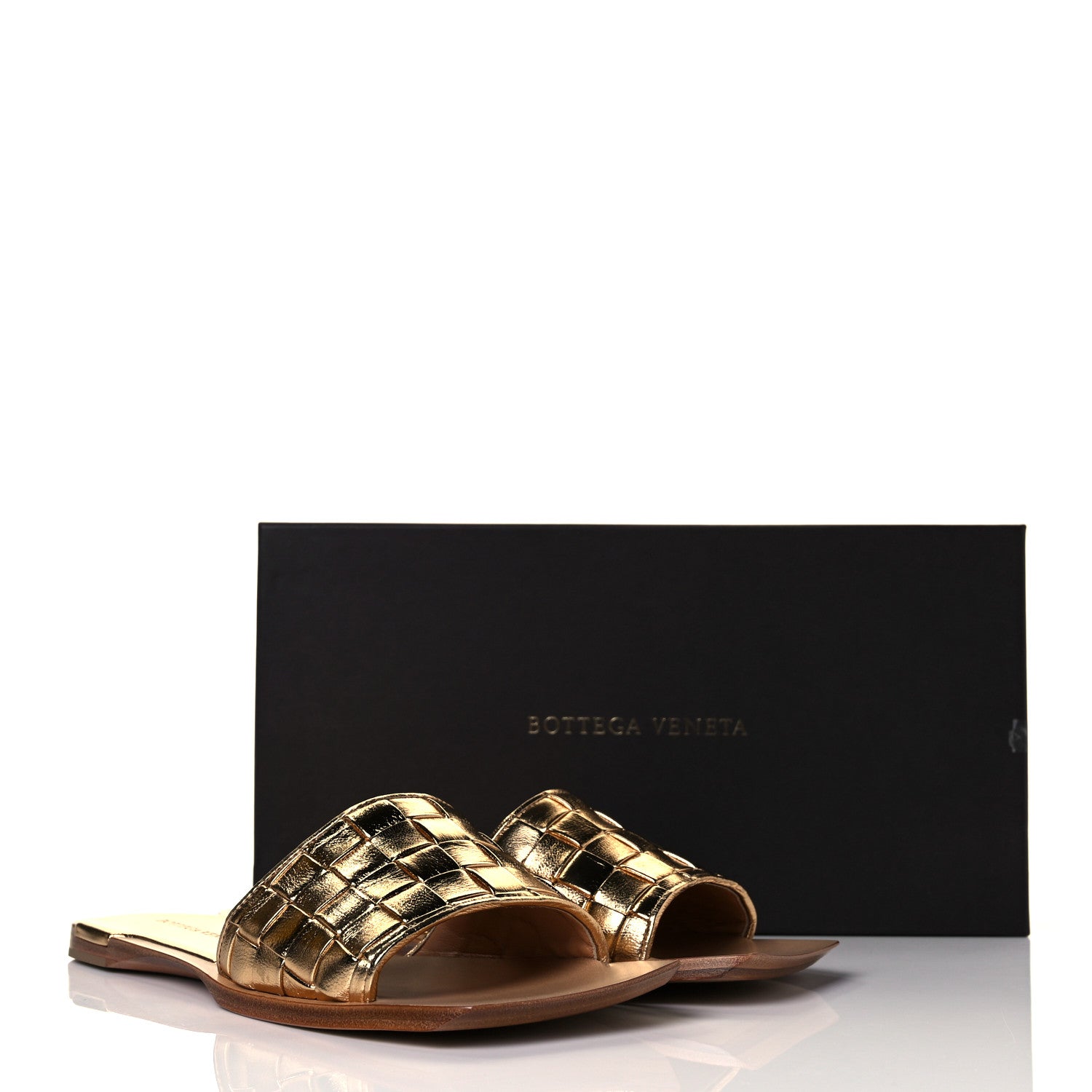 Bottega Veneta Laminated Nappa Intrecciato Squared Toe Flat Sandals 38.5 Gold 8 of 8