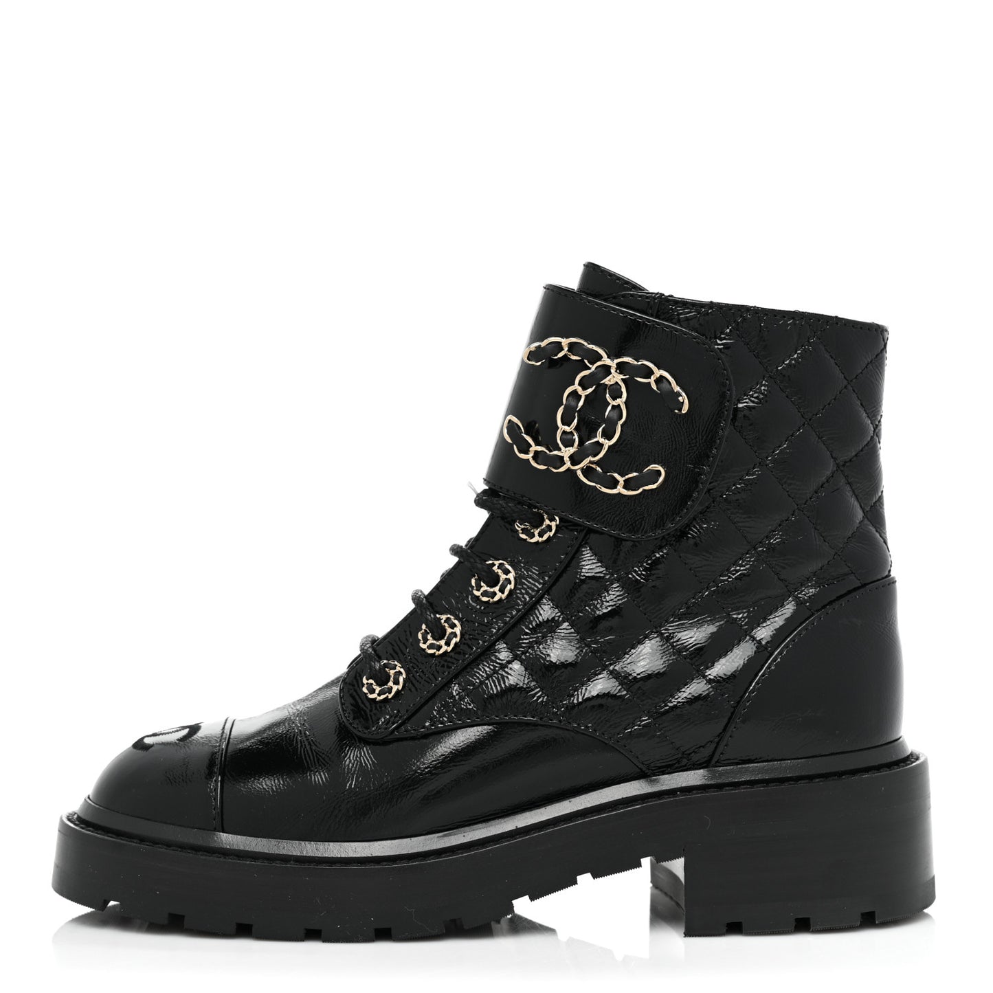 Shiny Calfskin Quilted Lace Up Combat Boots 36 Black