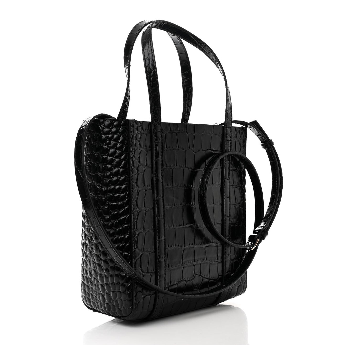 Shiny Calfskin Logo Crocodile Embossed XXS Everyday Tote Black