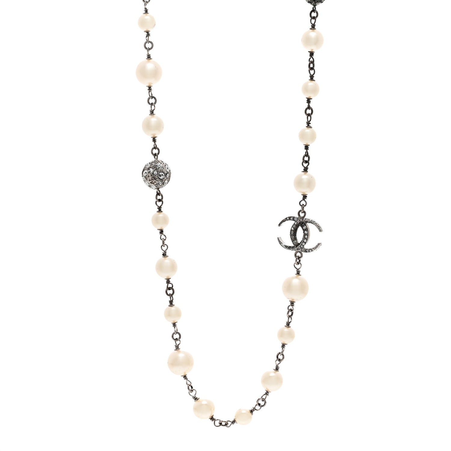 Chanel Pearl Crystal CC Beaded Ball Long Necklace Silver White 1 of 7