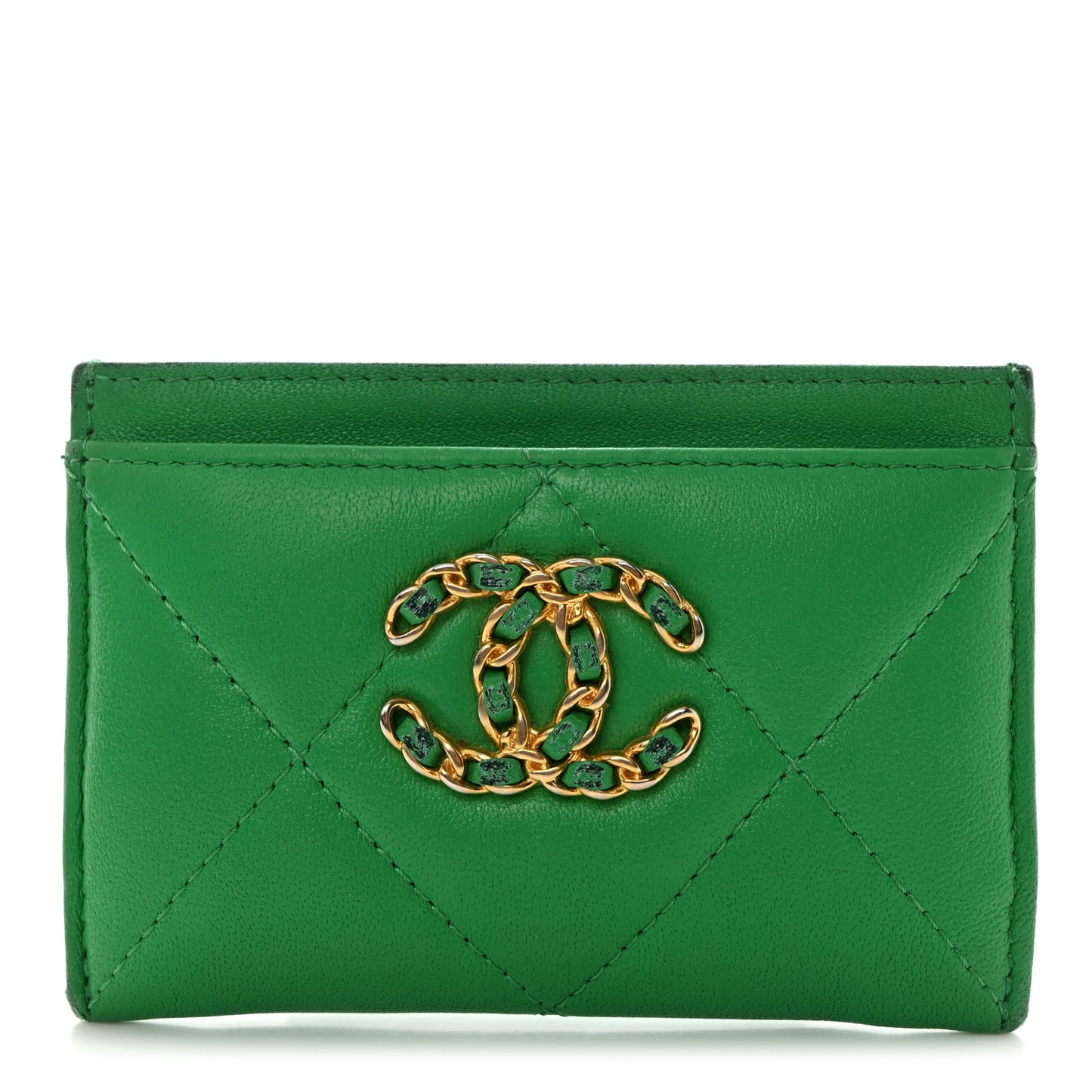 Lambskin Quilted Chanel 19 Card Holder Green