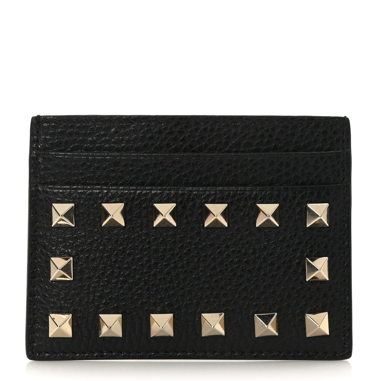 Pebbled Calfskin Rockstud Card Holder Black