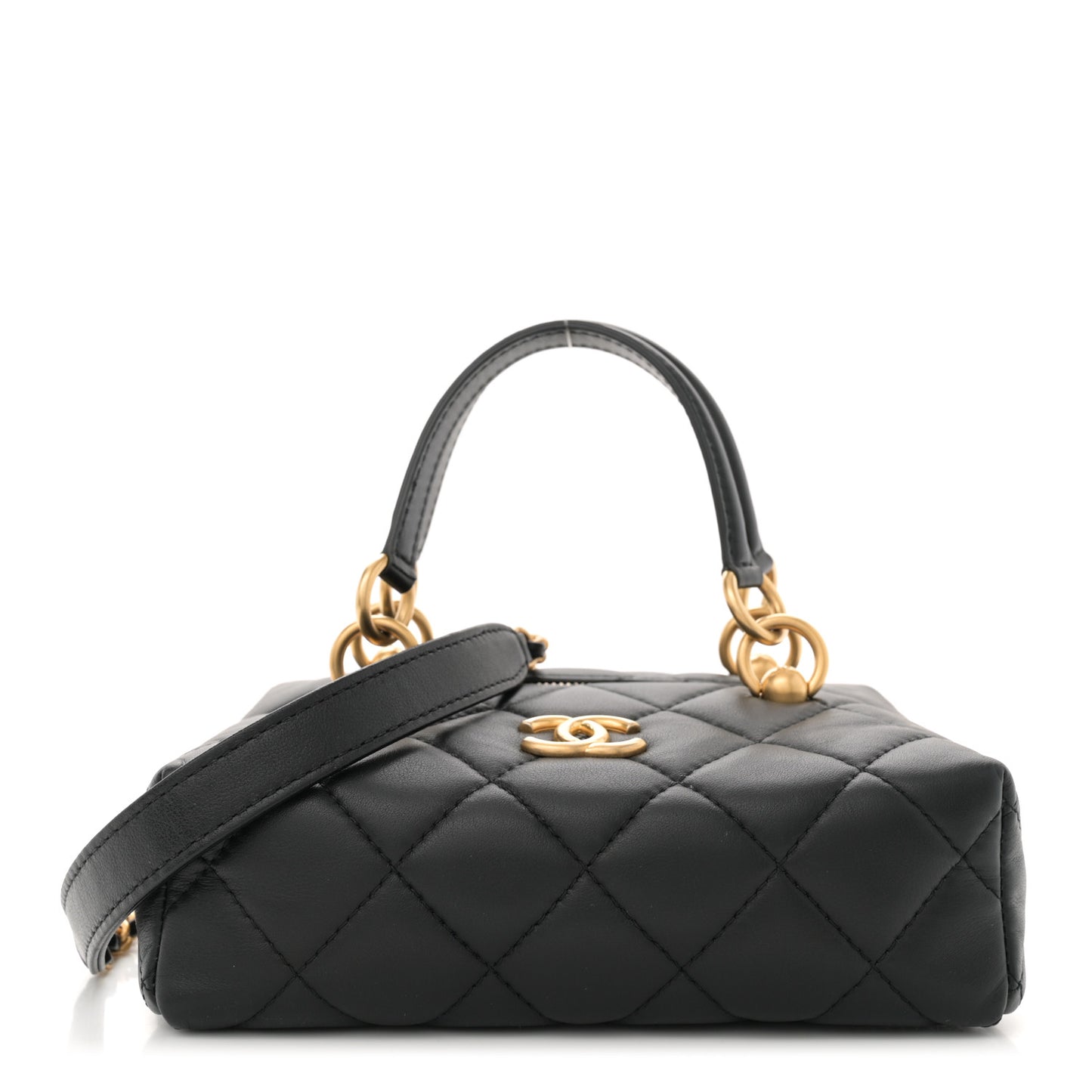 Calfskin Quilted Square Top Handle Vanity Case Black