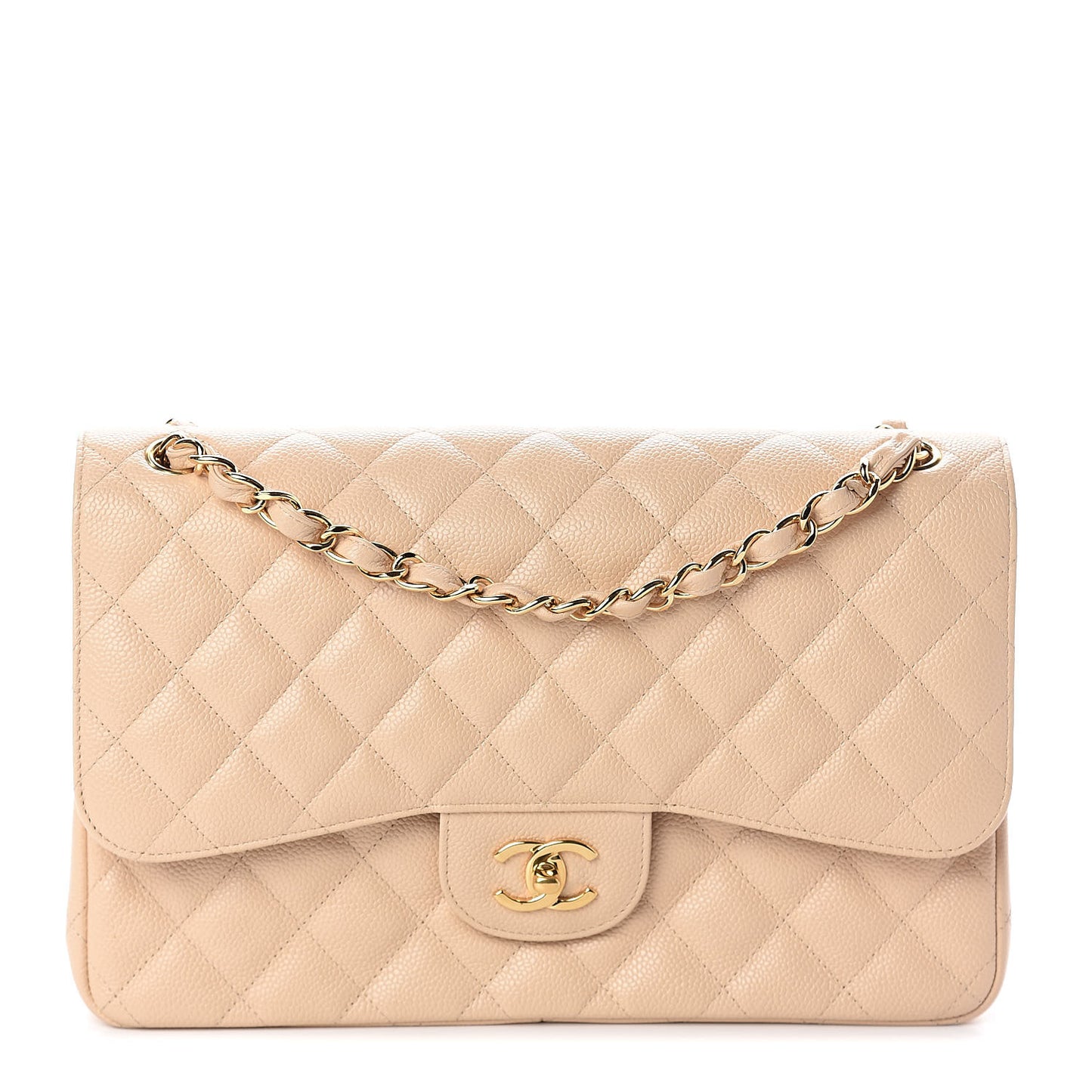 Caviar Quilted Jumbo Double Flap Beige Clair