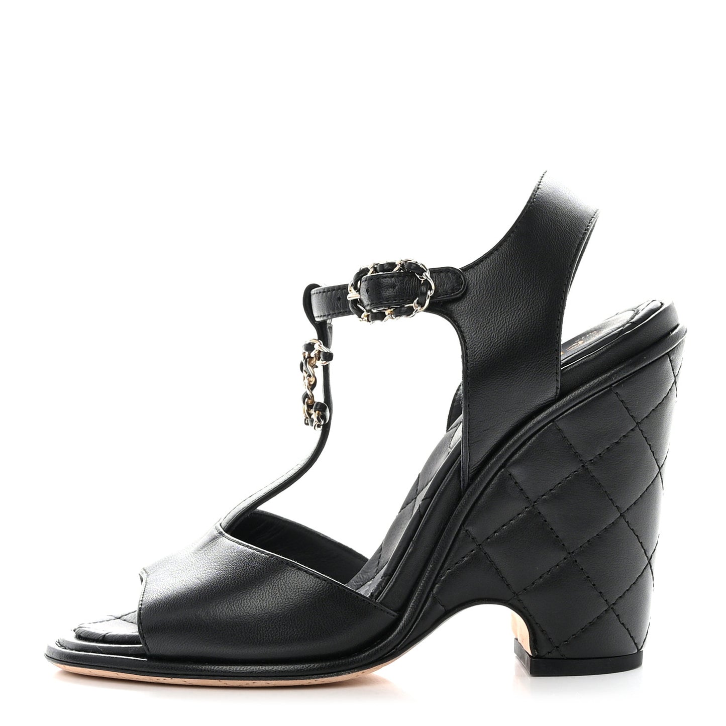 Lambskin Quilted Chain CC Wedge Sandals 36 Black