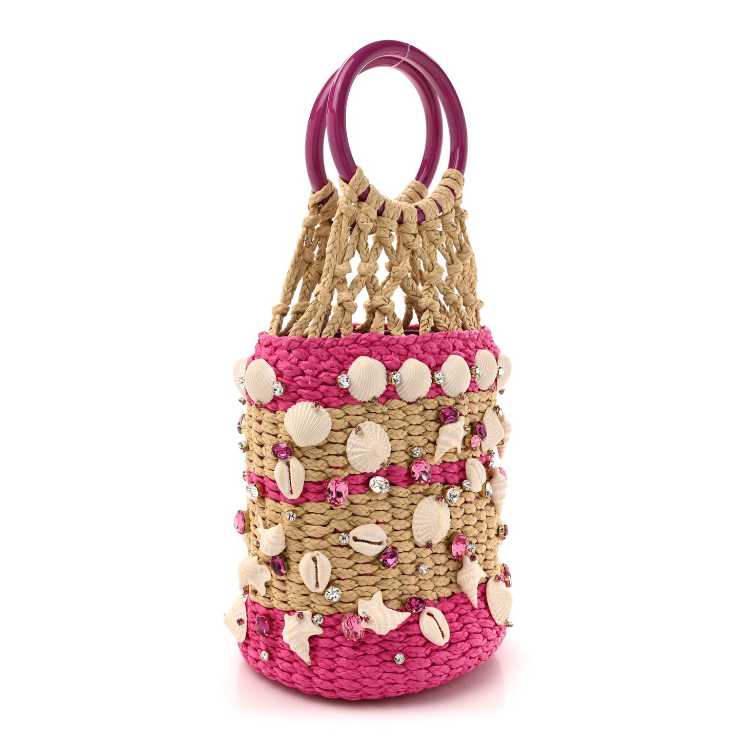 Raffia Crystal Seashell Bucket Bag Natural Pink