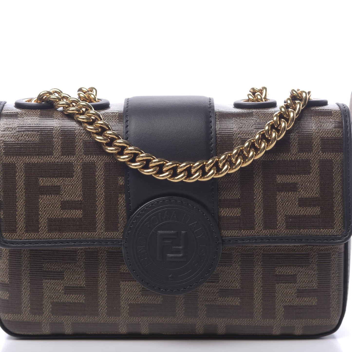 Glazed Fabric Vitello Century FF 1974 Stamp Patch Mini Double F Crossbody Bag Mogano Panna Black