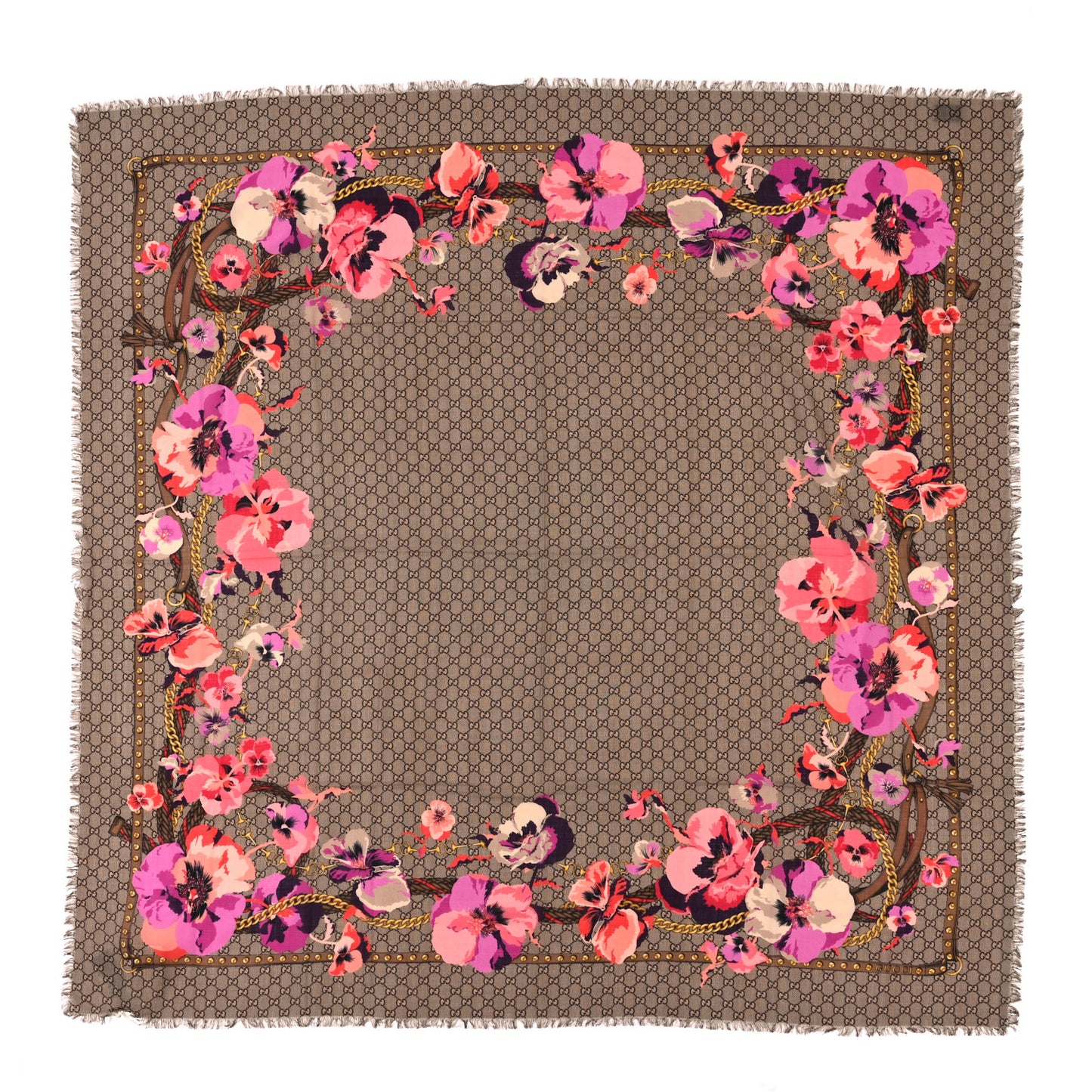 Wool Jacquard GG Monogram Big Panshie Fringe Shawl Roseate Beige