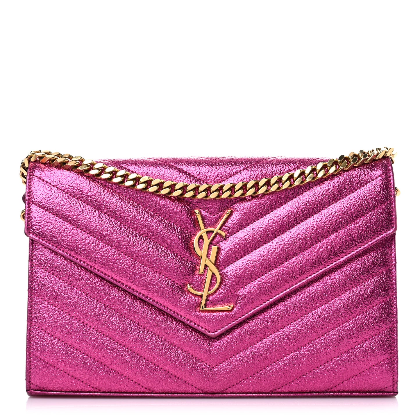 Metallic Crackled Calfskin Matelasse Chevron Monogram Chain Wallet Fuchsia
