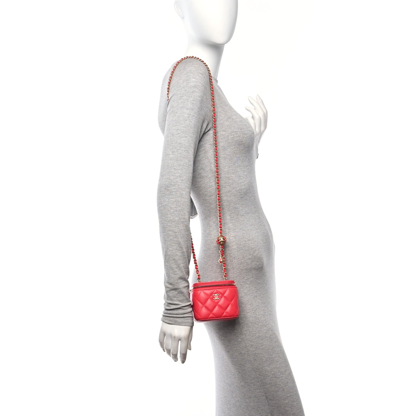 Lambskin Quilted Pearl Crush Mini Vanity Case With Chain Red