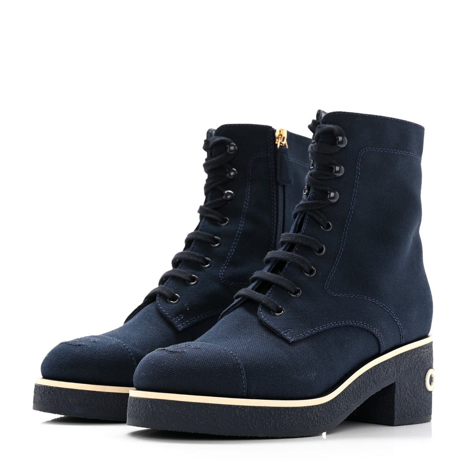 Chanel Fabric Lace Up Combat Boots 38 Navy Blue 3 of 16