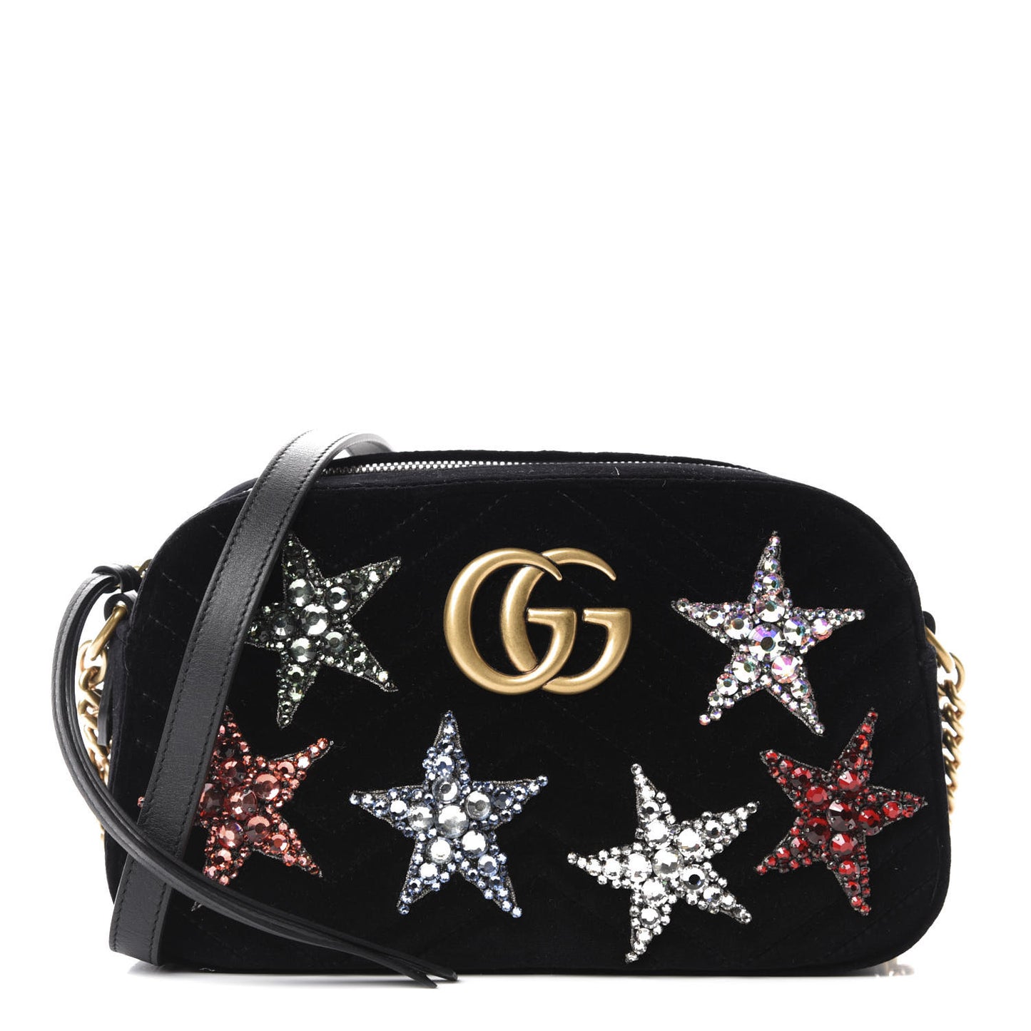 Velvet Matelasse Crystal Star Embroidered Small GG Marmont Chain Shoulder Bag Black
