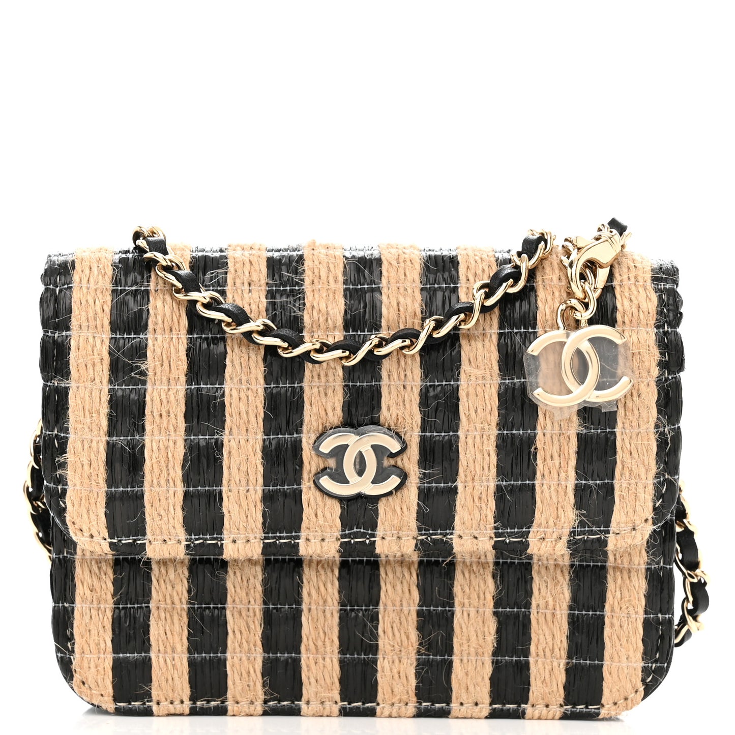Raffia Jute Striped Belt Bag Black Beige