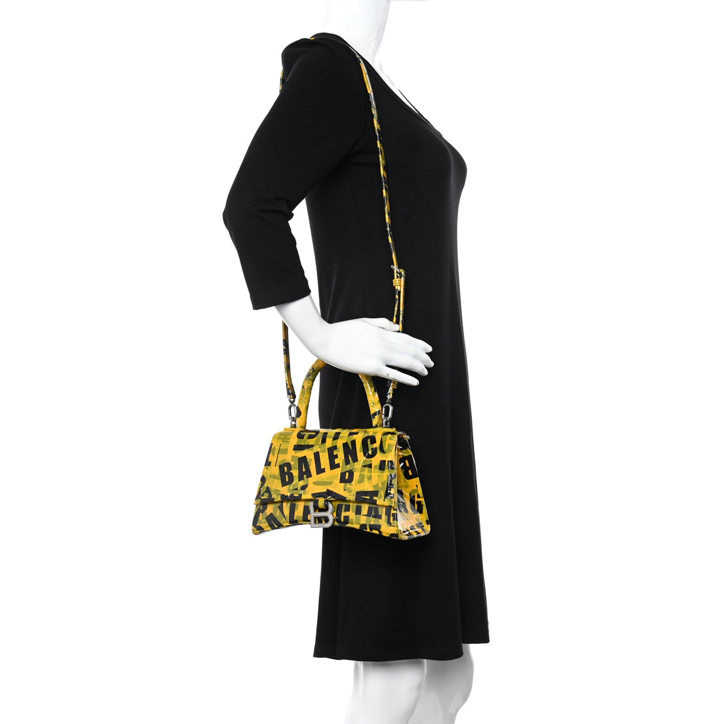 Box Calfskin Tape Small Hourglass Top Handle Bag Yellow Black