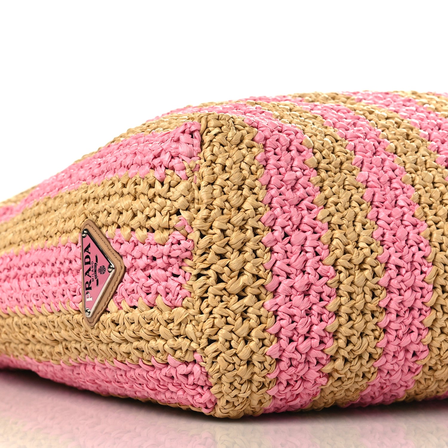 Prada Yarn Raffia Effect Crochet Striped Large Logo Tote Naturale Petalo 7 of 8