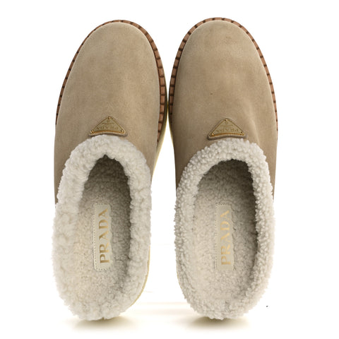Suede Shearling Triangle Logo Slippers 40.5 Deserto
