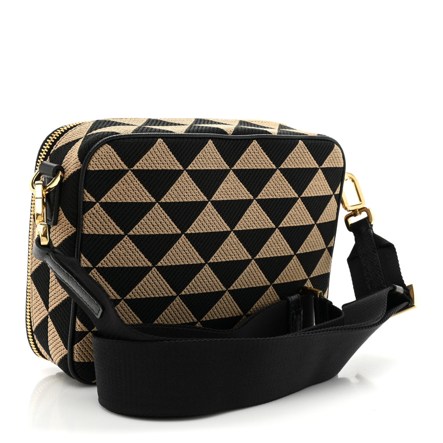 Jacquard Saffiano Triangolo Symbole Embroidered Medium Shoulder Bag Black Corda