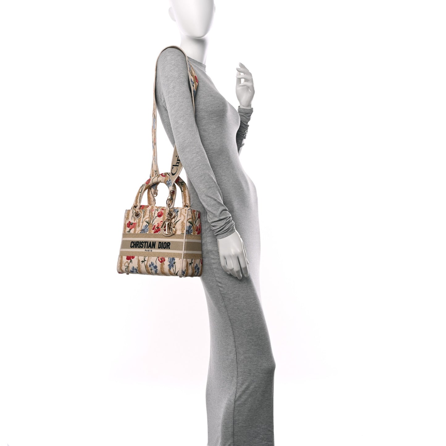Canvas Embroidered Hibiscus Printed Medium Lady D-Lite Beige Multicolor