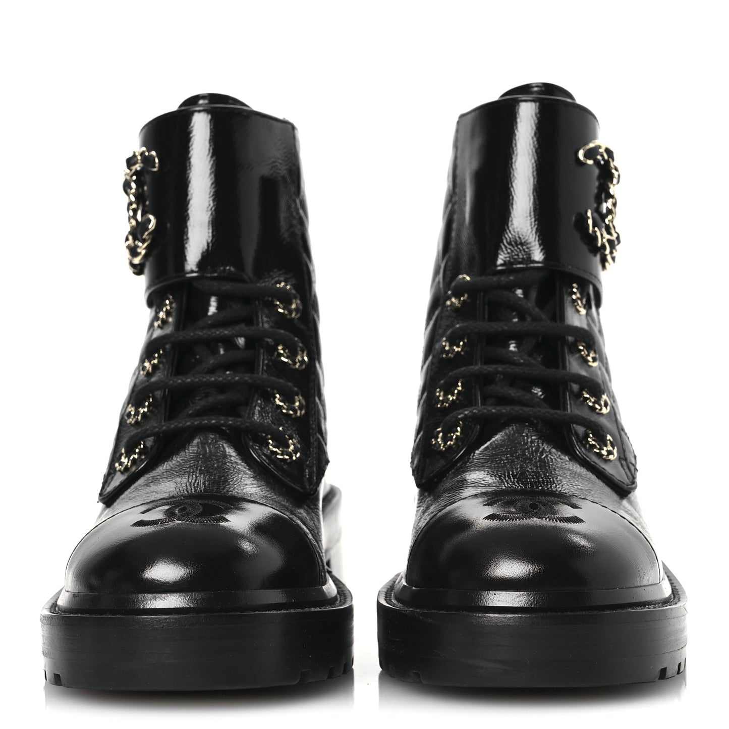 Shiny Calfskin Quilted Lace Up Combat Boots 36 Black