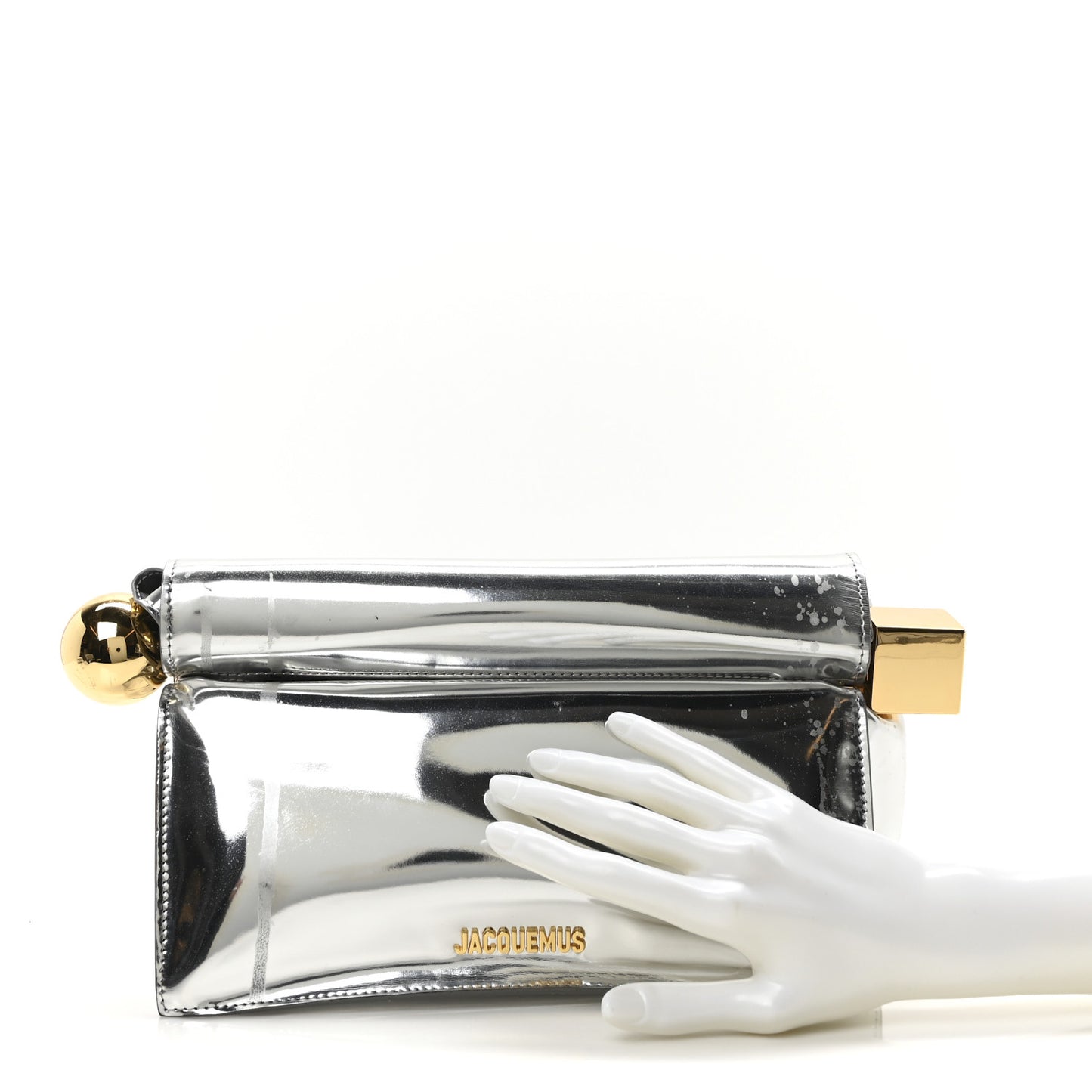 Metallic Patent Calfskin La Pochette Rond Carre Silver