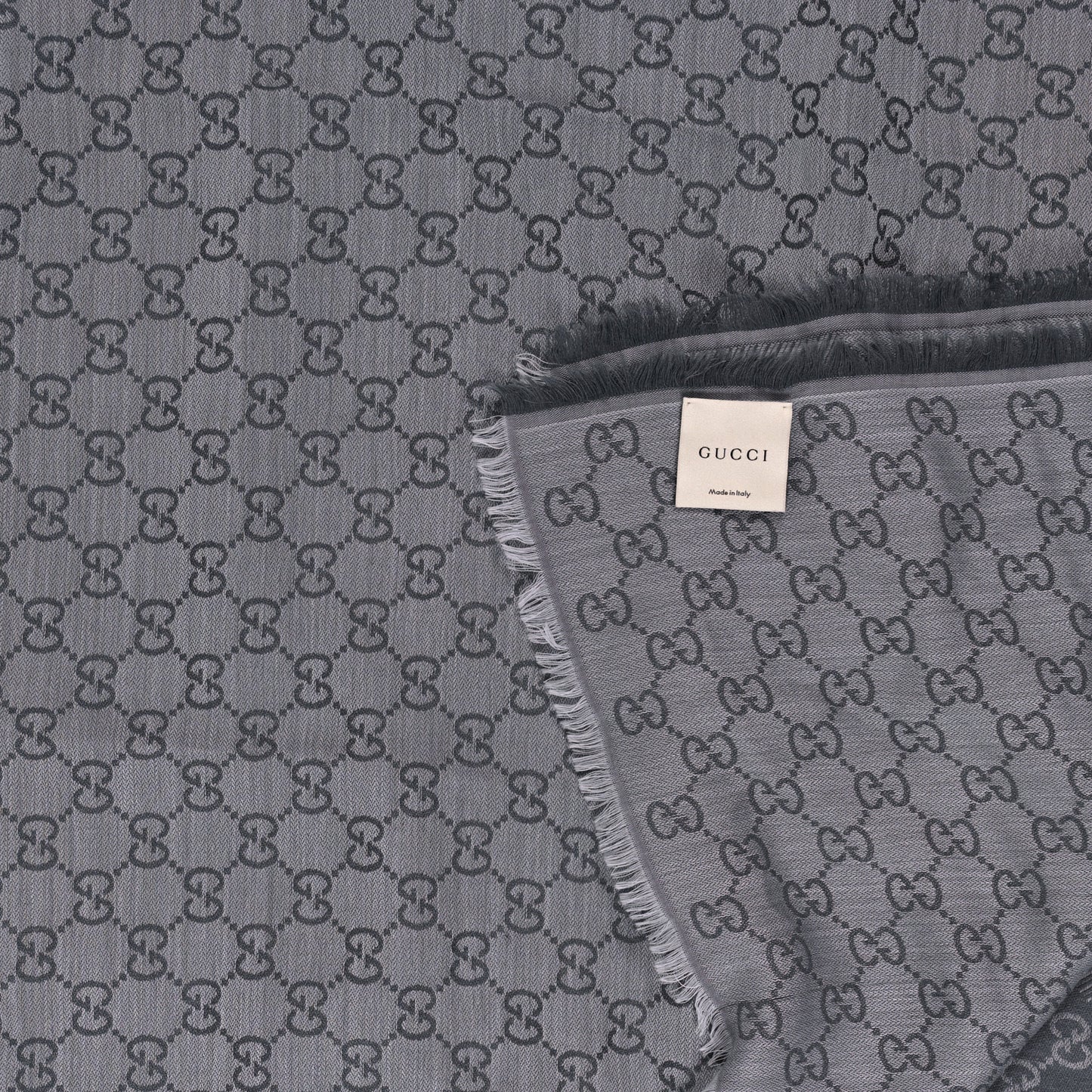 Wool Silk Monogram GGWeb Fringe Shawl Grey