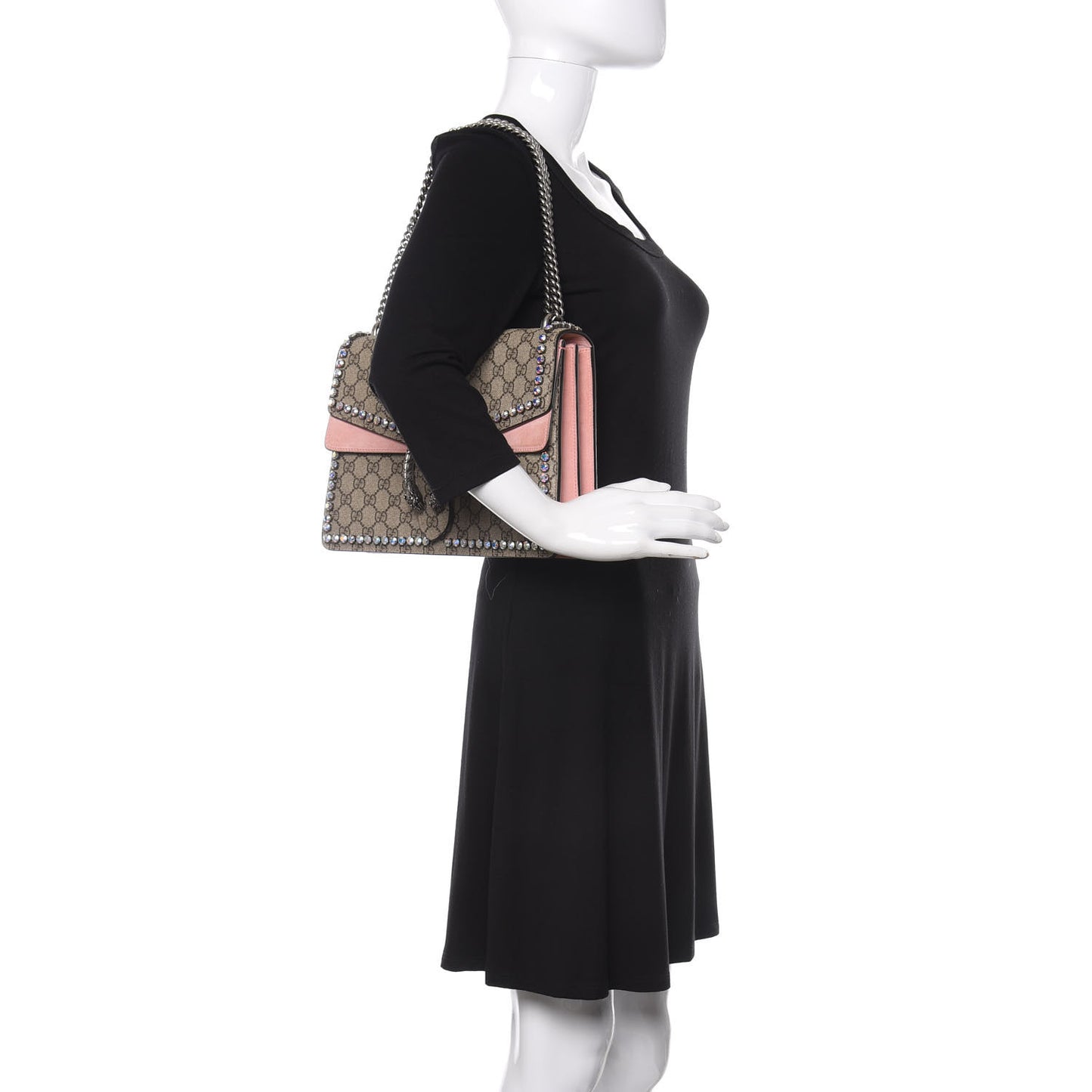 GG Supreme Monogram Suede Crystal Medium Dionysus Shoulder Bag Beige Ebony Light Peonia