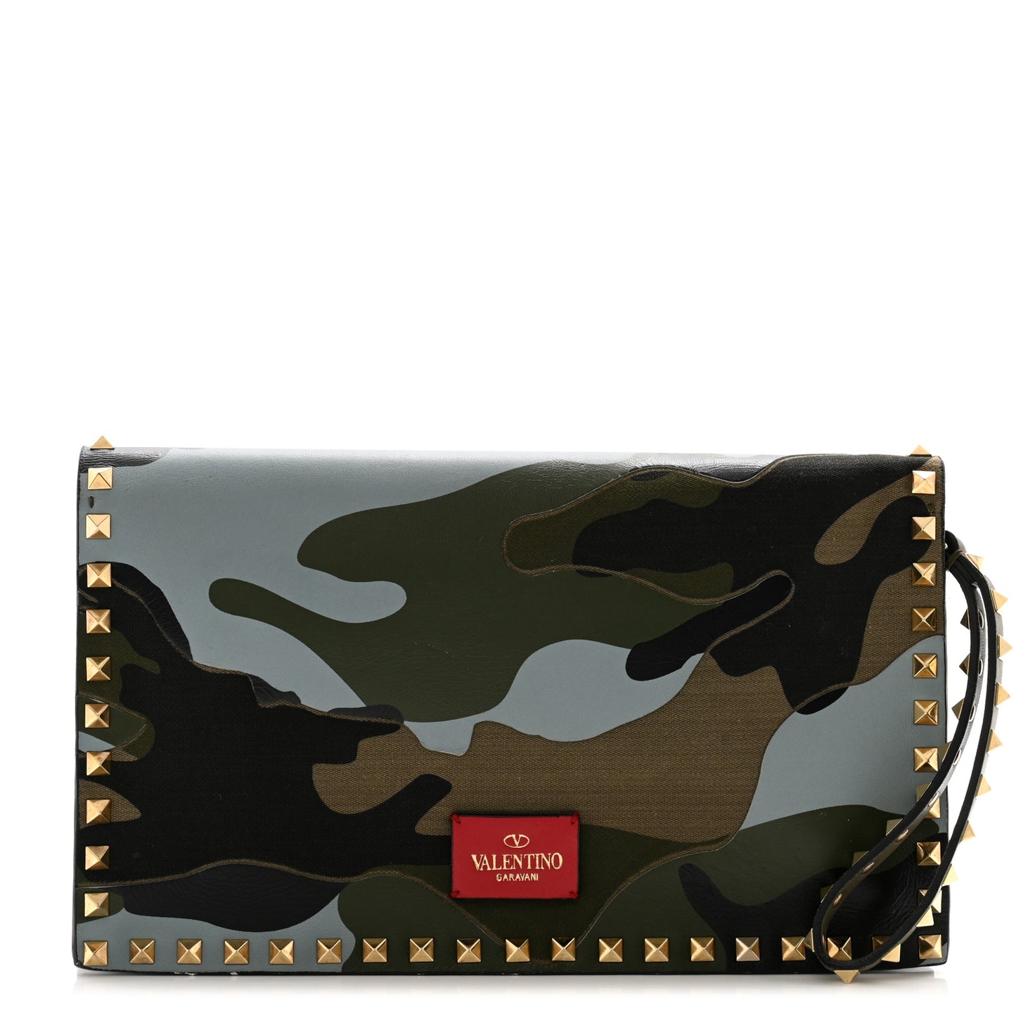 Nappa Canvas Camouflage Rockstud Wristlet Clutch Verde Rouge