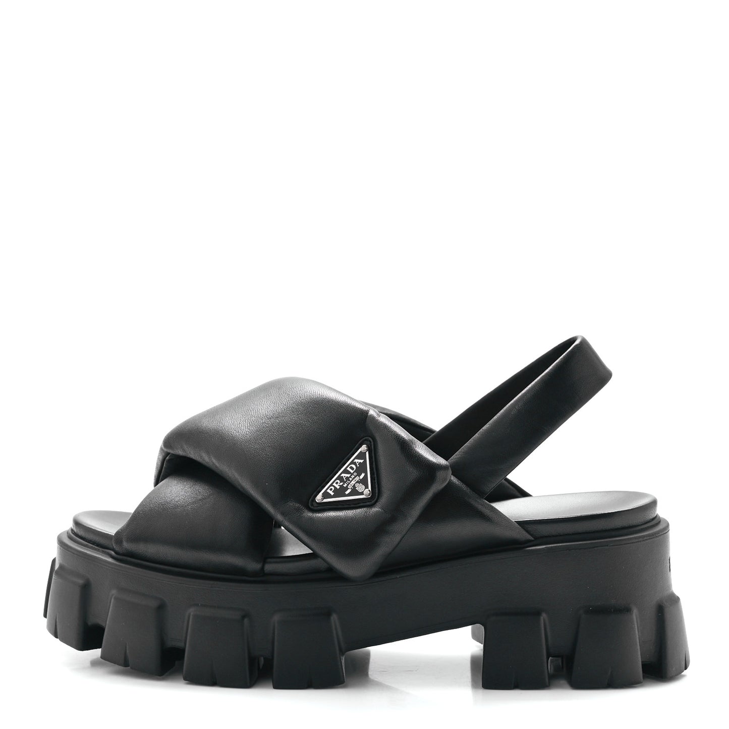 Nappa Soft Metal Triangle Logo Padded Monolith 55mm Slingback Sandals 39 Black